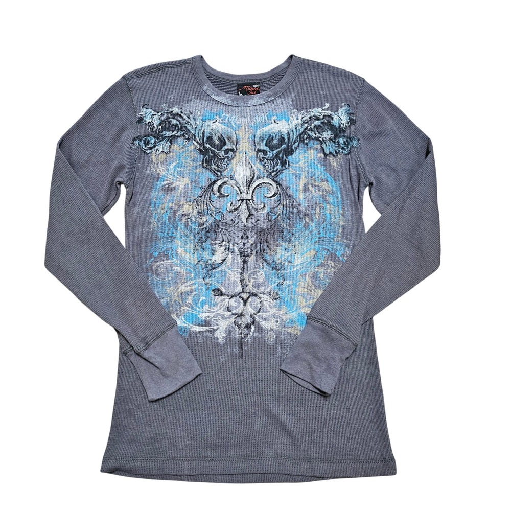 Miami Ink Y2K Graphic Skull Thermal Long Sleeve Shirt Size L Grunge Cyber